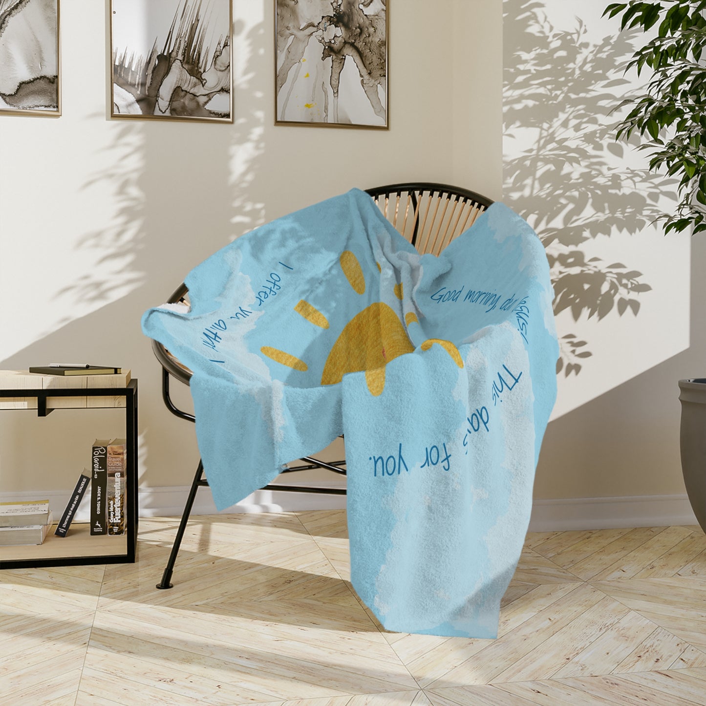 Good Morning, Dear Jesus! Baby & Kids Velveteen Blanket – Soft Blue Sky with Happy Sun Prayer Throw