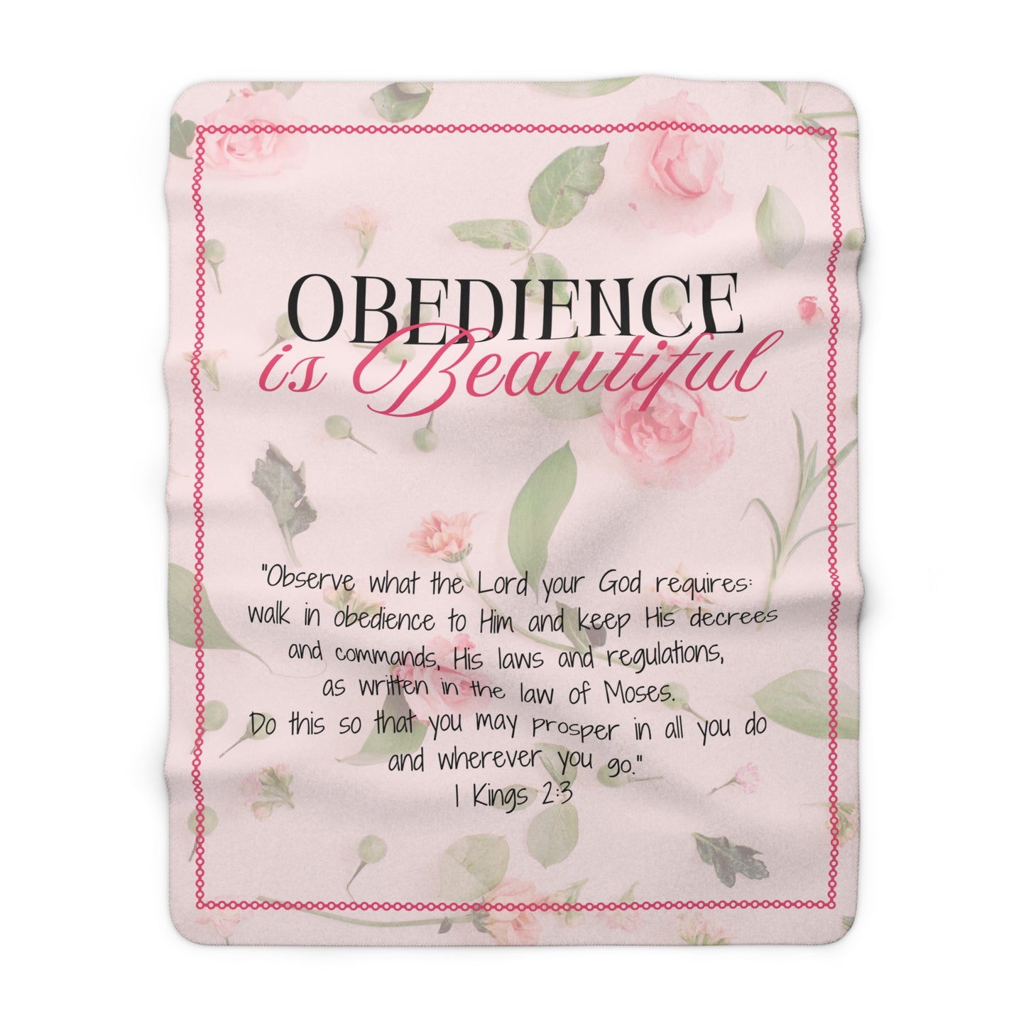 "Obedience is Beautiful" Blush Pink Floral Sherpa Fleece Blanket for Her - Cozy Throw for Home, Inspirational Gift, Bible Verse Decor, Lounge Essential