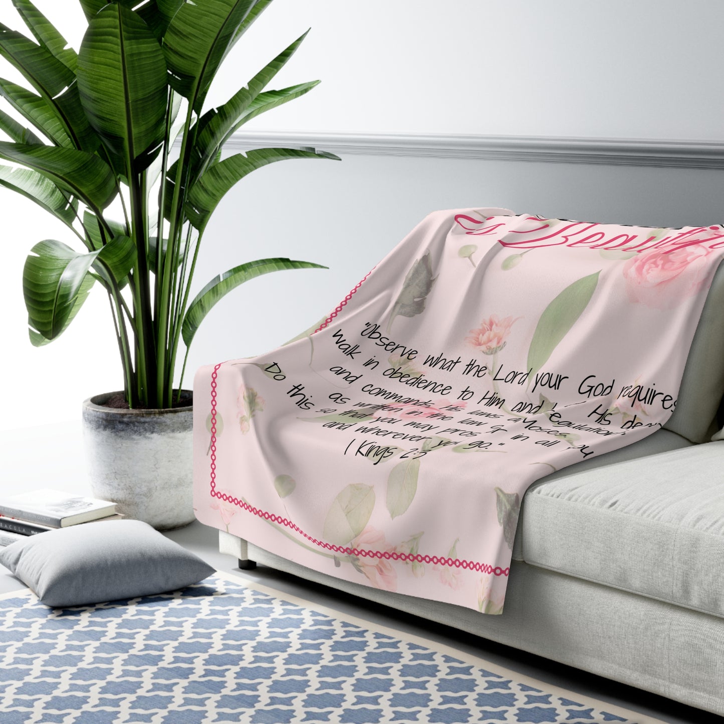 "Obedience is Beautiful" Blush Pink Floral Sherpa Fleece Blanket for Her - Cozy Throw for Home, Inspirational Gift, Bible Verse Decor, Lounge Essential
