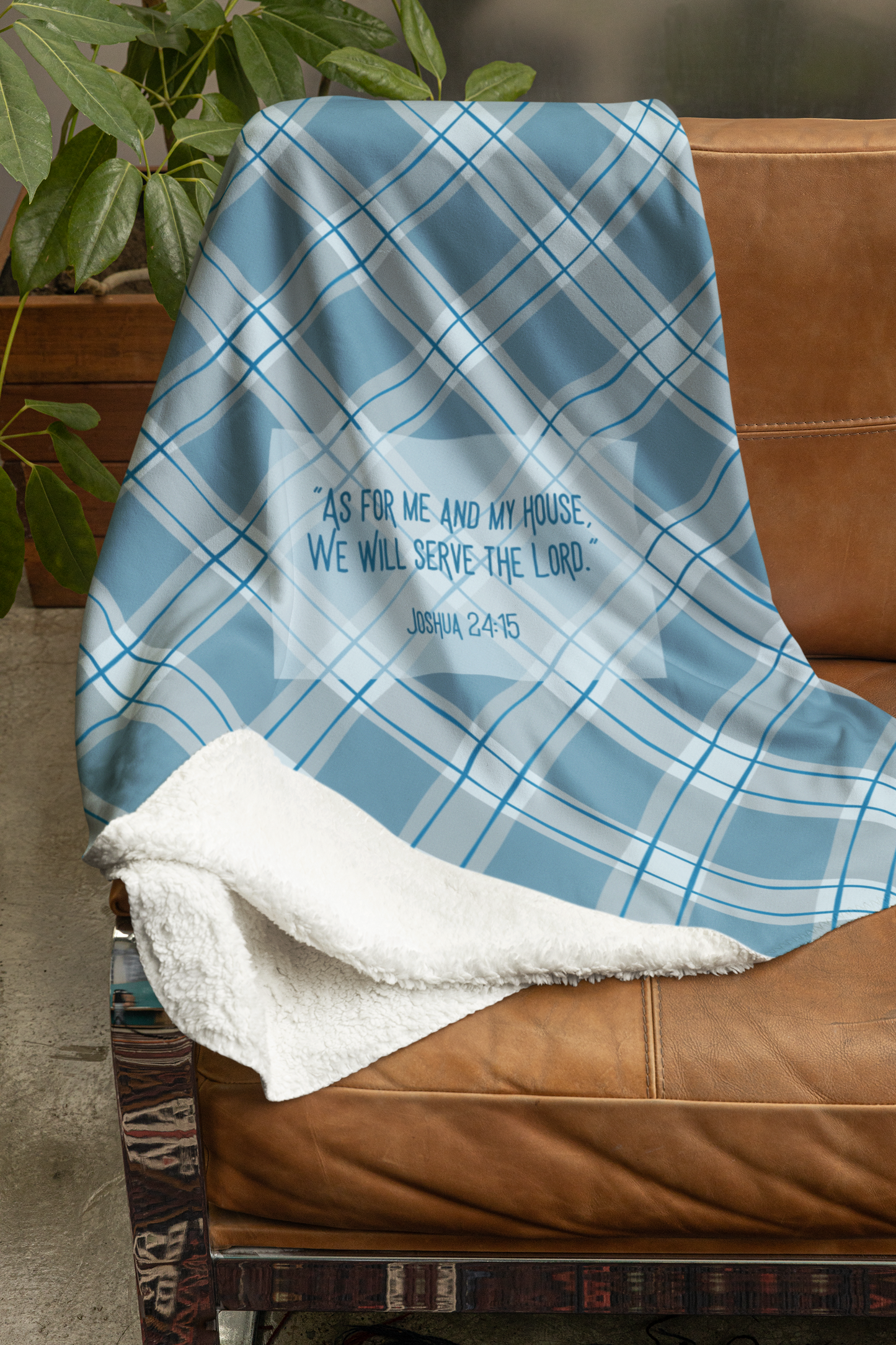 “As for Me and My House” Sherpa Blanket – Blue Plaid Scripture Throw (Joshua 24:15)