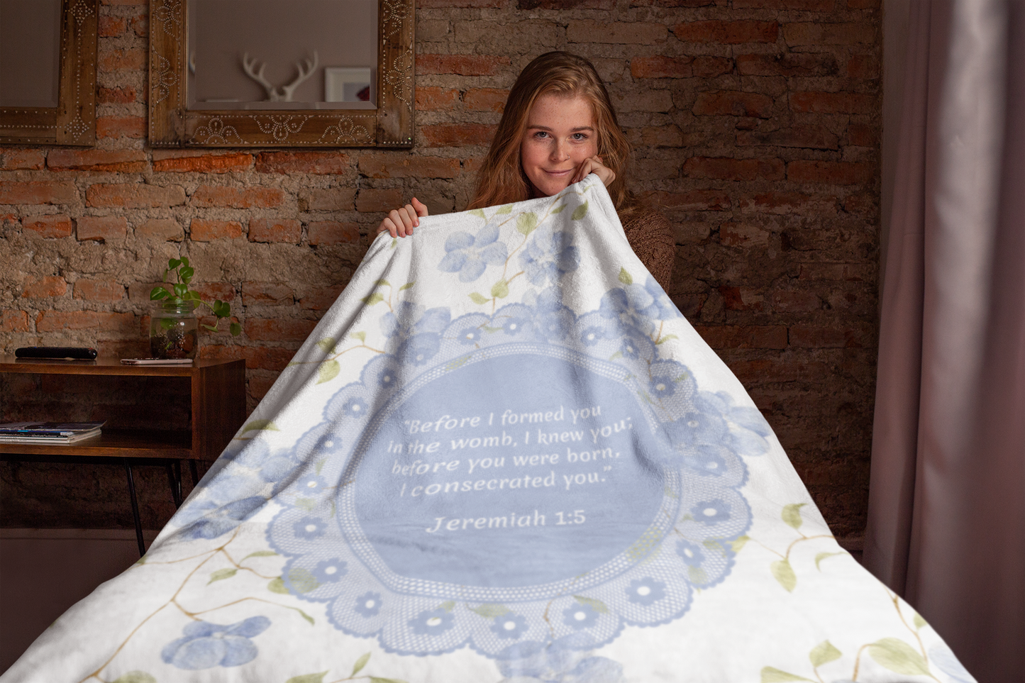 Jeremiah 1:5 Sherpa Blanket – “Before I Formed You” Scripture Throw with Pastel Blue Florals