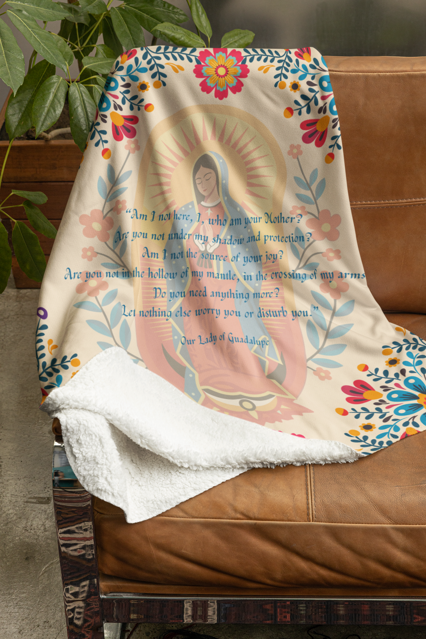 Our Lady of Guadalupe Sherpa Blanket – Marian Catholic Throw with Traditional Floral Design