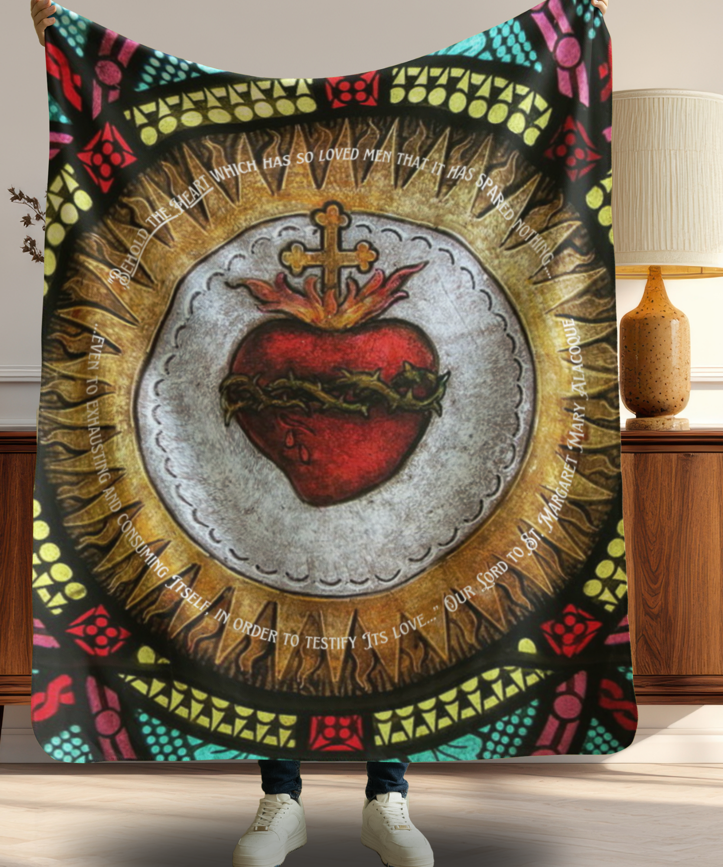 Sacred Heart of Jesus Sherpa Blanket – Vibrant Stained Glass Catholic Devotional Throw