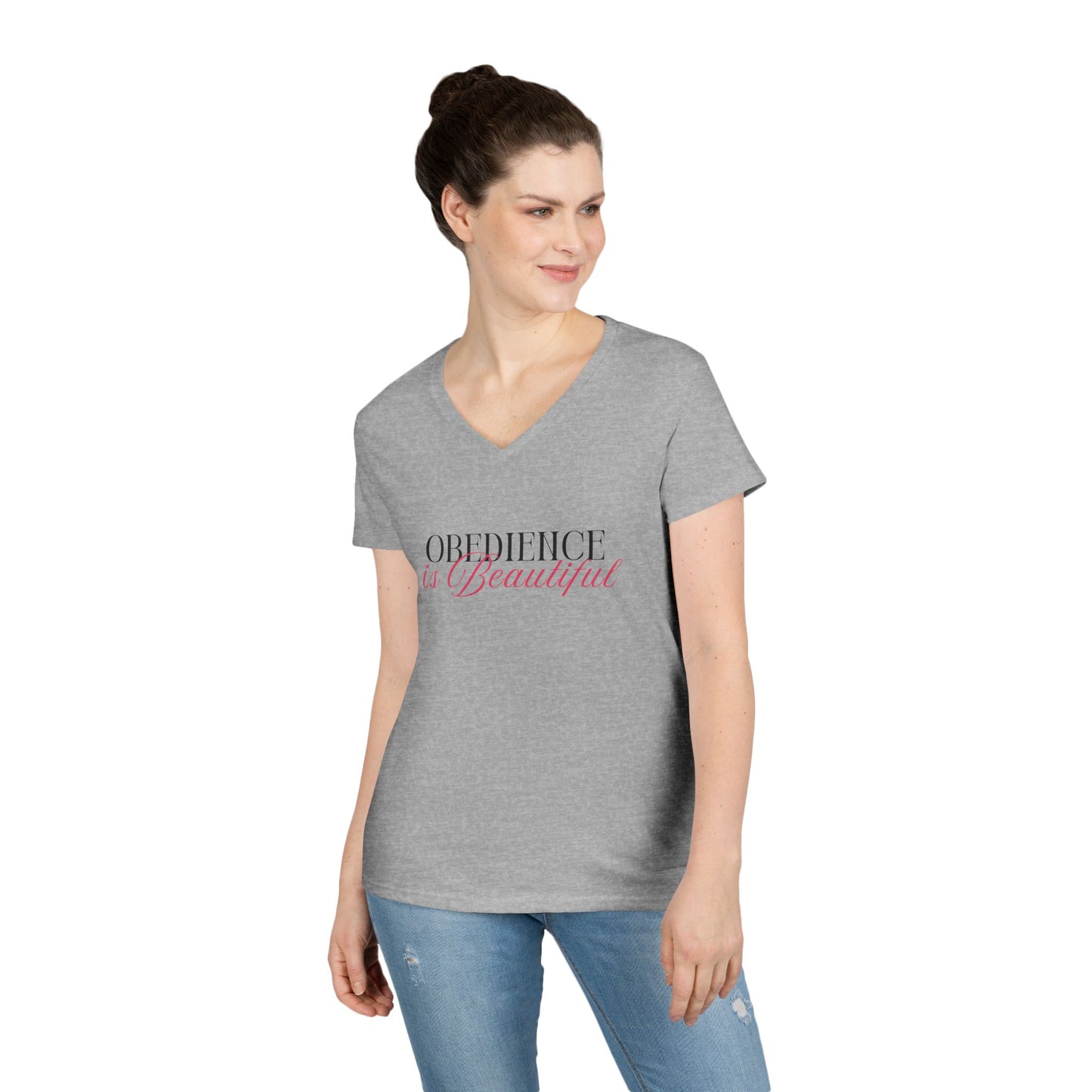 "Obedience is Beautiful" Ladies' V-Neck T-Shirt - Faith-Based Fashion