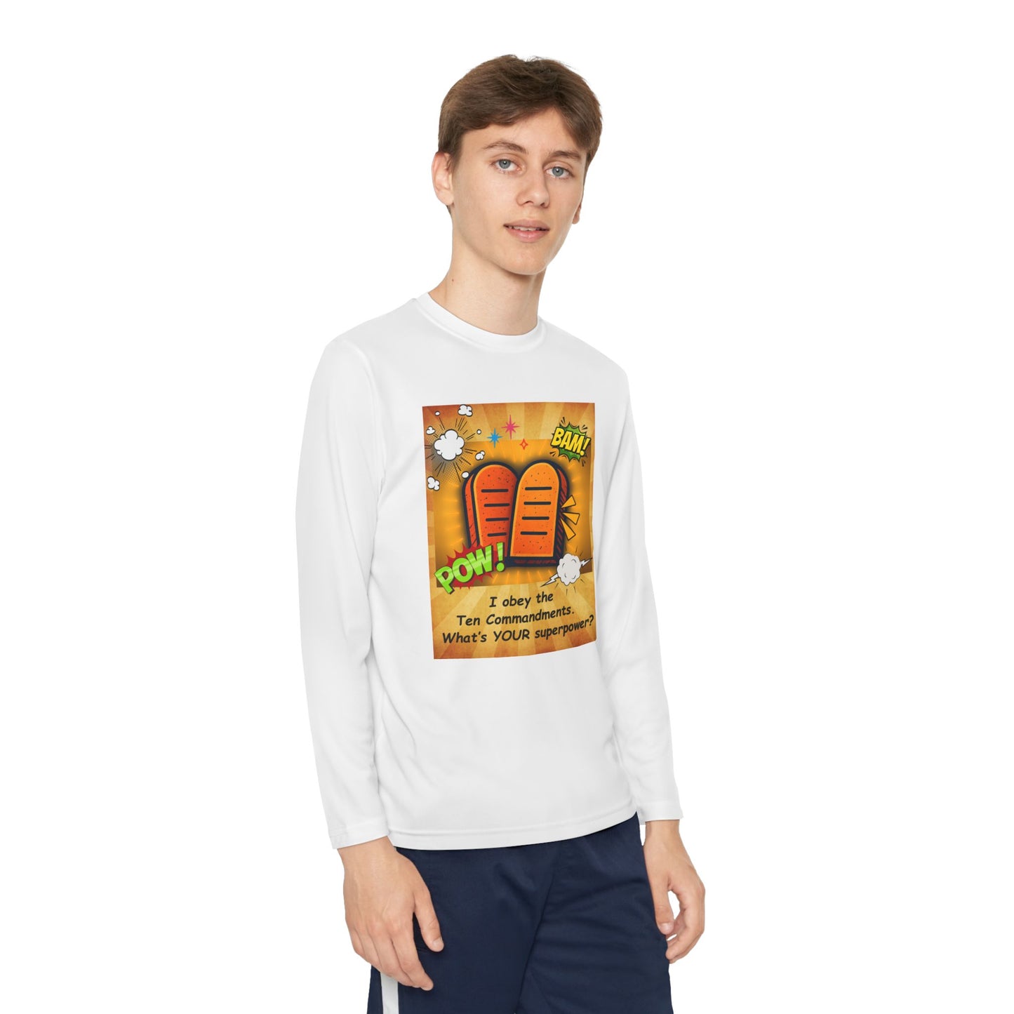 "I obey the Ten Commandments. What's YOUR superpower?" Youth Long Sleeve Playful Tee for Boys and Girls