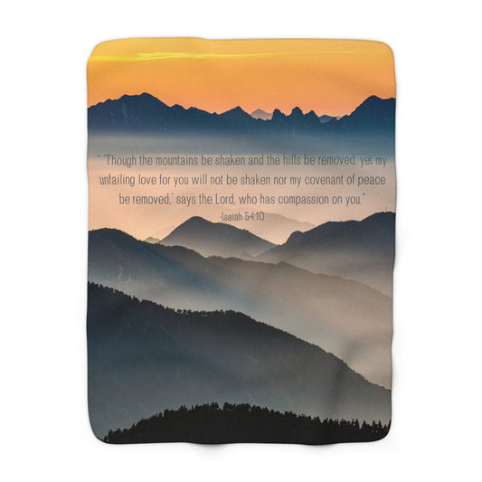 Inspirational Sunset Though the Mountains Be Shaken Sherpa Blanket with Isaiah 54:10 Scripture Quote