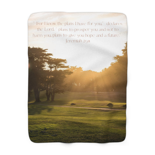 Golf Course at Sunrise Sherpa Blanket with Jeremiah 29:11 Scripture Verse