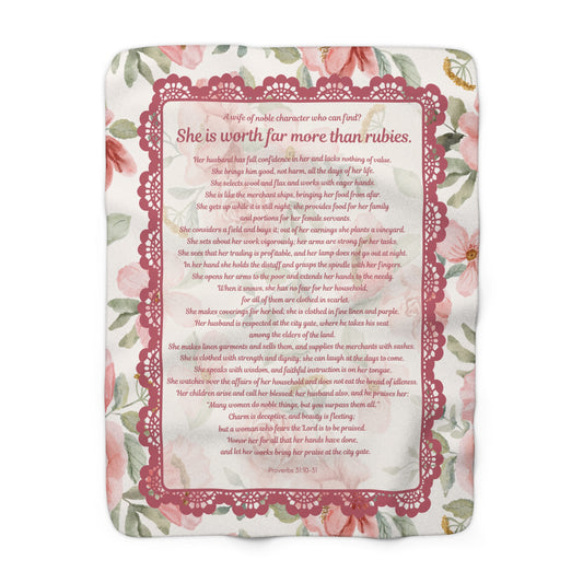 Proverbs 31 “Far More Than Rubies” Floral Sherpa Fleece Blanket