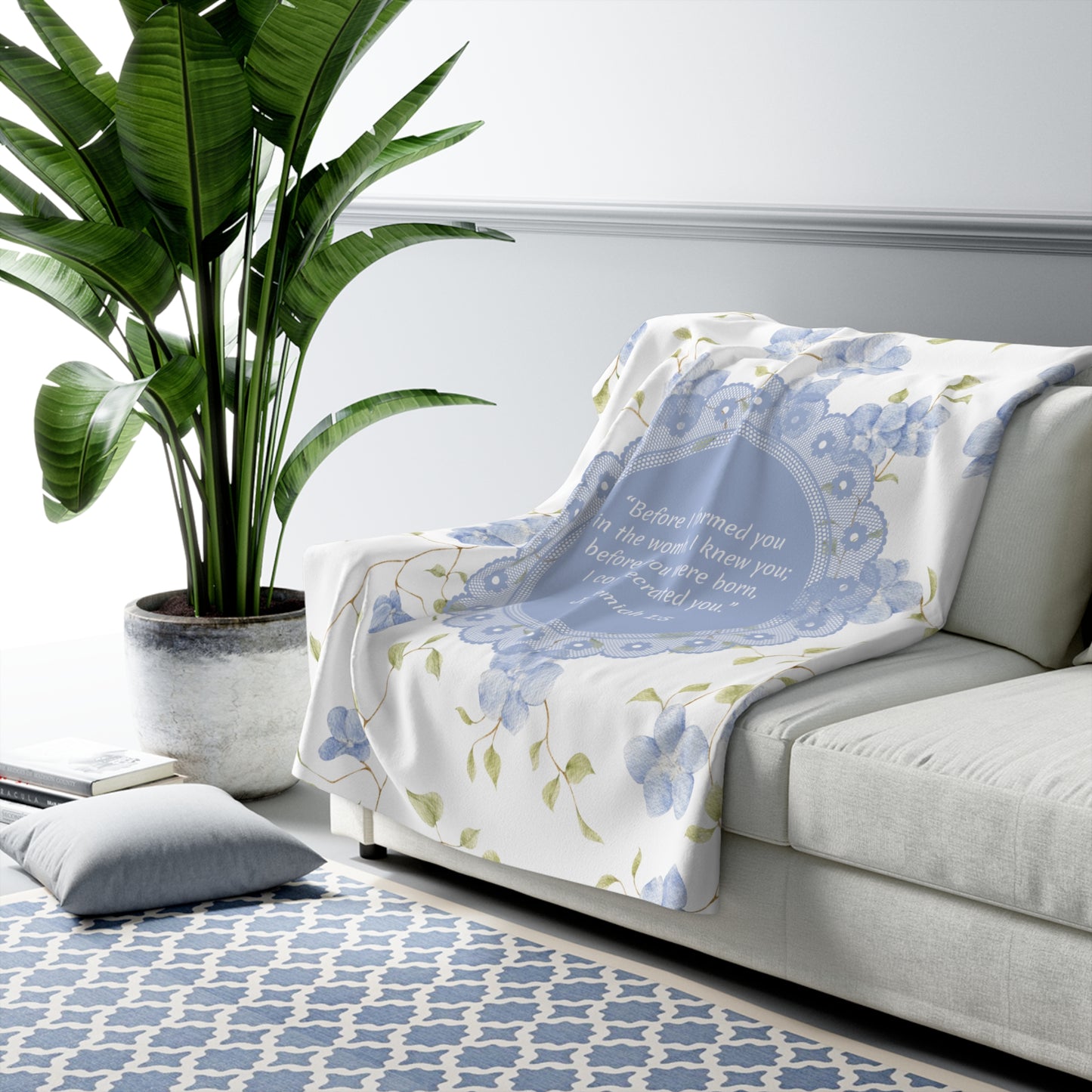 Jeremiah 1:5 Sherpa Blanket – “Before I Formed You” Scripture Throw with Pastel Blue Florals