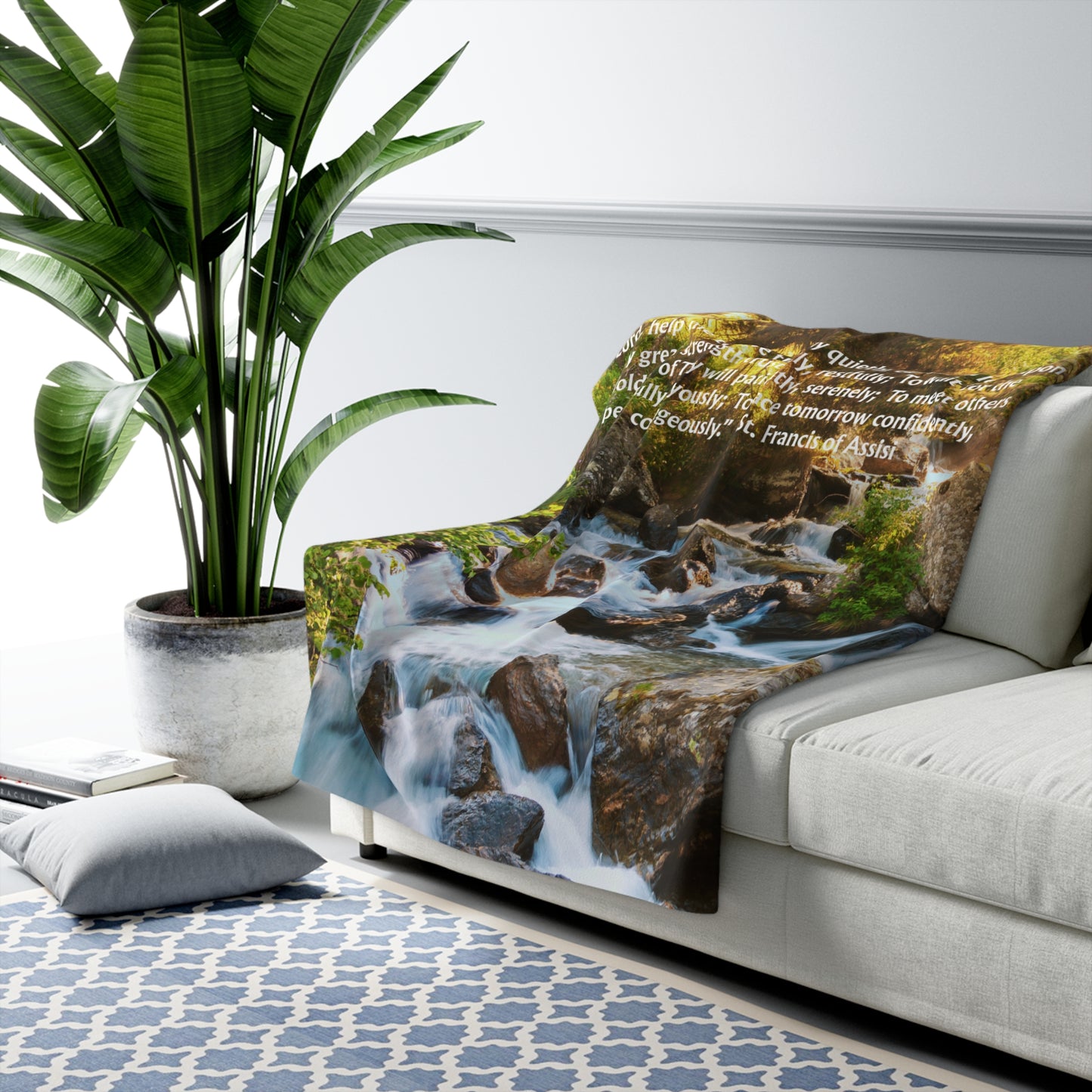 Inspirational Waterfall Sherpa Blanket — St. Francis Prayer Fleece Throw