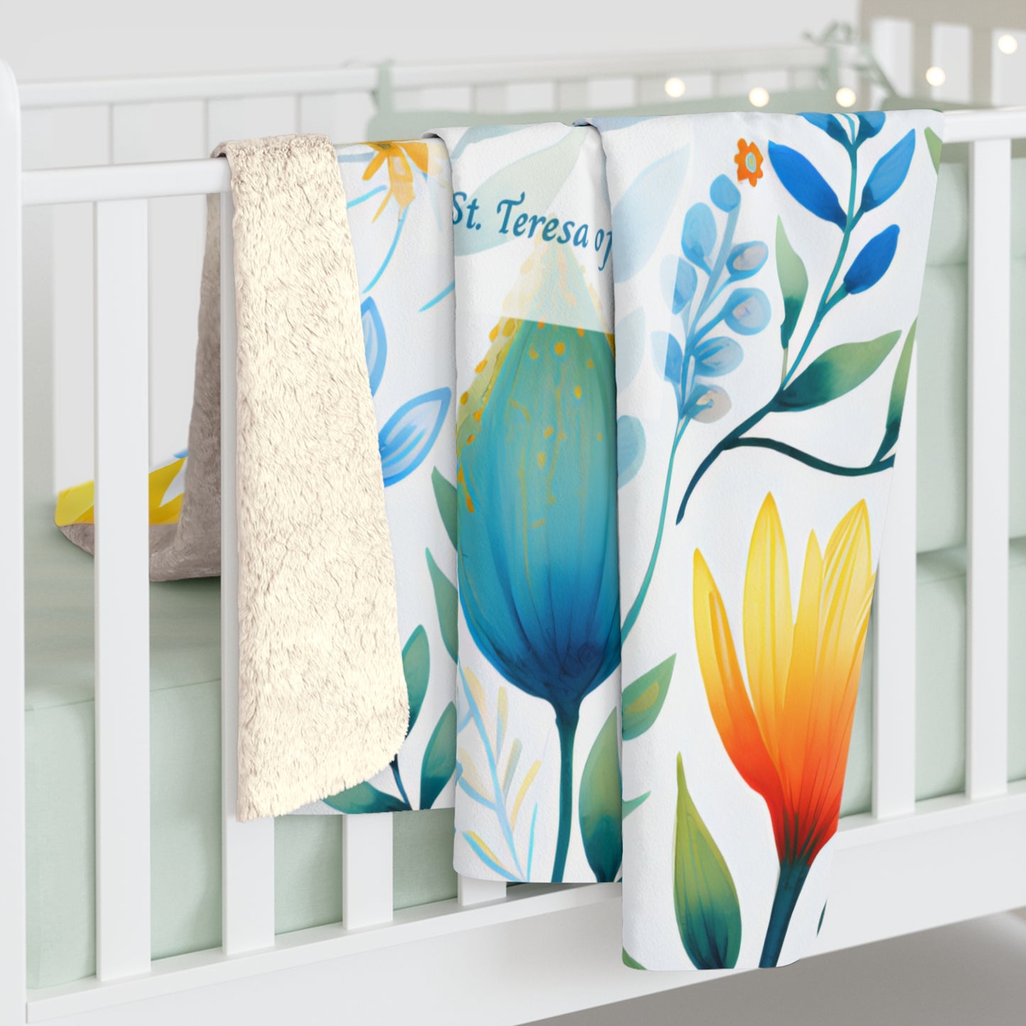 St. Teresa of Avila Sherpa Blanket – Inspirational Scripture Throw with Turquoise & Gold Florals