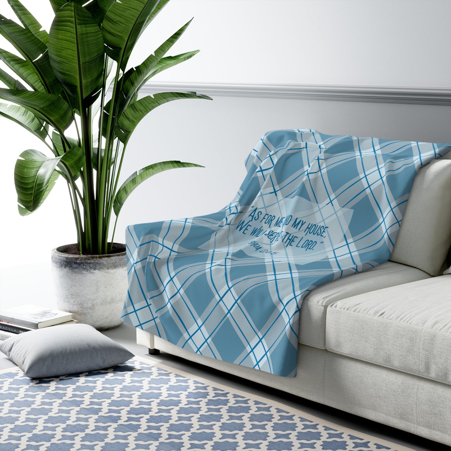 “As for Me and My House” Sherpa Blanket – Blue Plaid Scripture Throw (Joshua 24:15)
