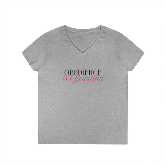 "Obedience is Beautiful" Ladies' V-Neck T-Shirt - Faith-Based Fashion