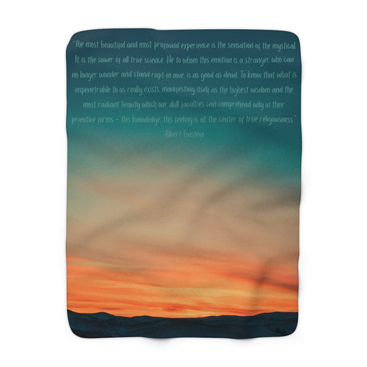 Sunset Landscape Sherpa Blanket with Inspirational Einstein Quote — Wonder of Creation Cozy Fleece Throw