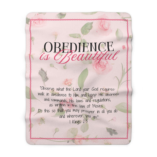 "Obedience is Beautiful" Blush Pink Floral Sherpa Fleece Blanket for Her - Cozy Throw for Home, Inspirational Gift, Bible Verse Decor, Lounge Essential