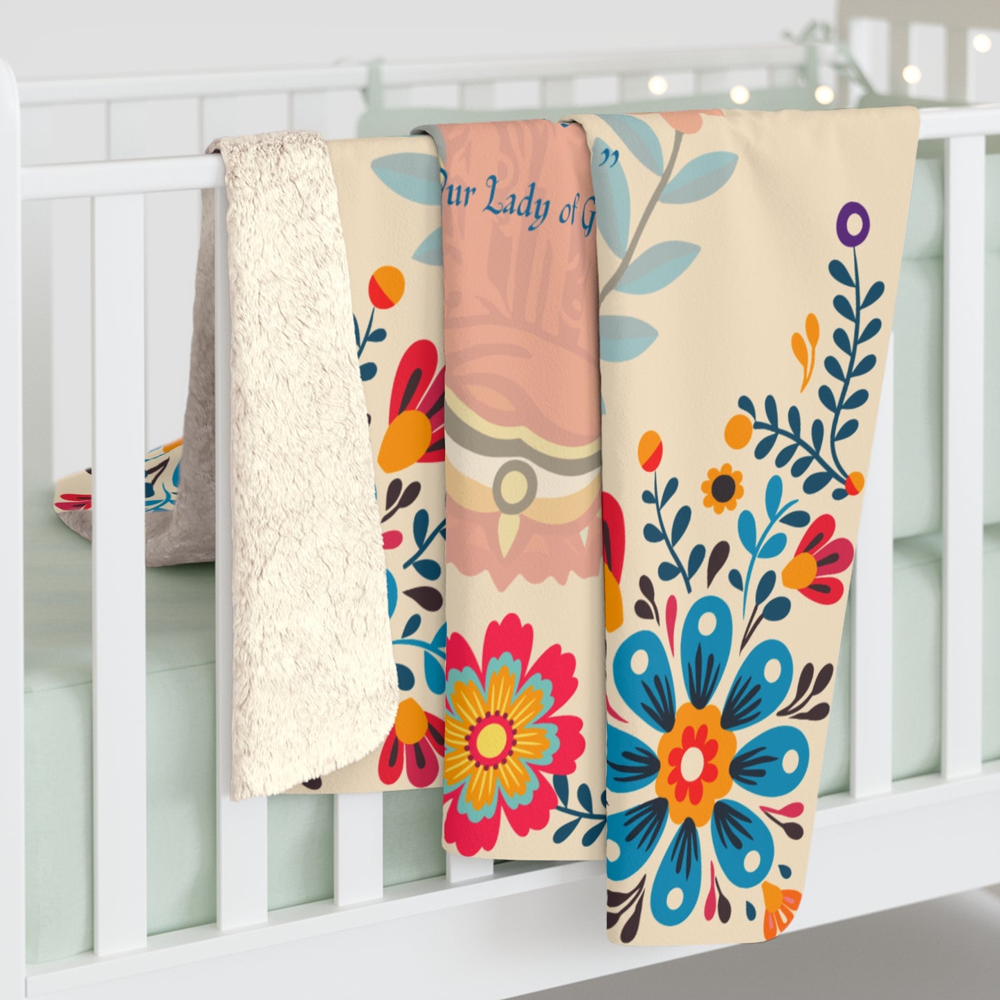 Our Lady of Guadalupe Sherpa Blanket – Marian Catholic Throw with Traditional Floral Design