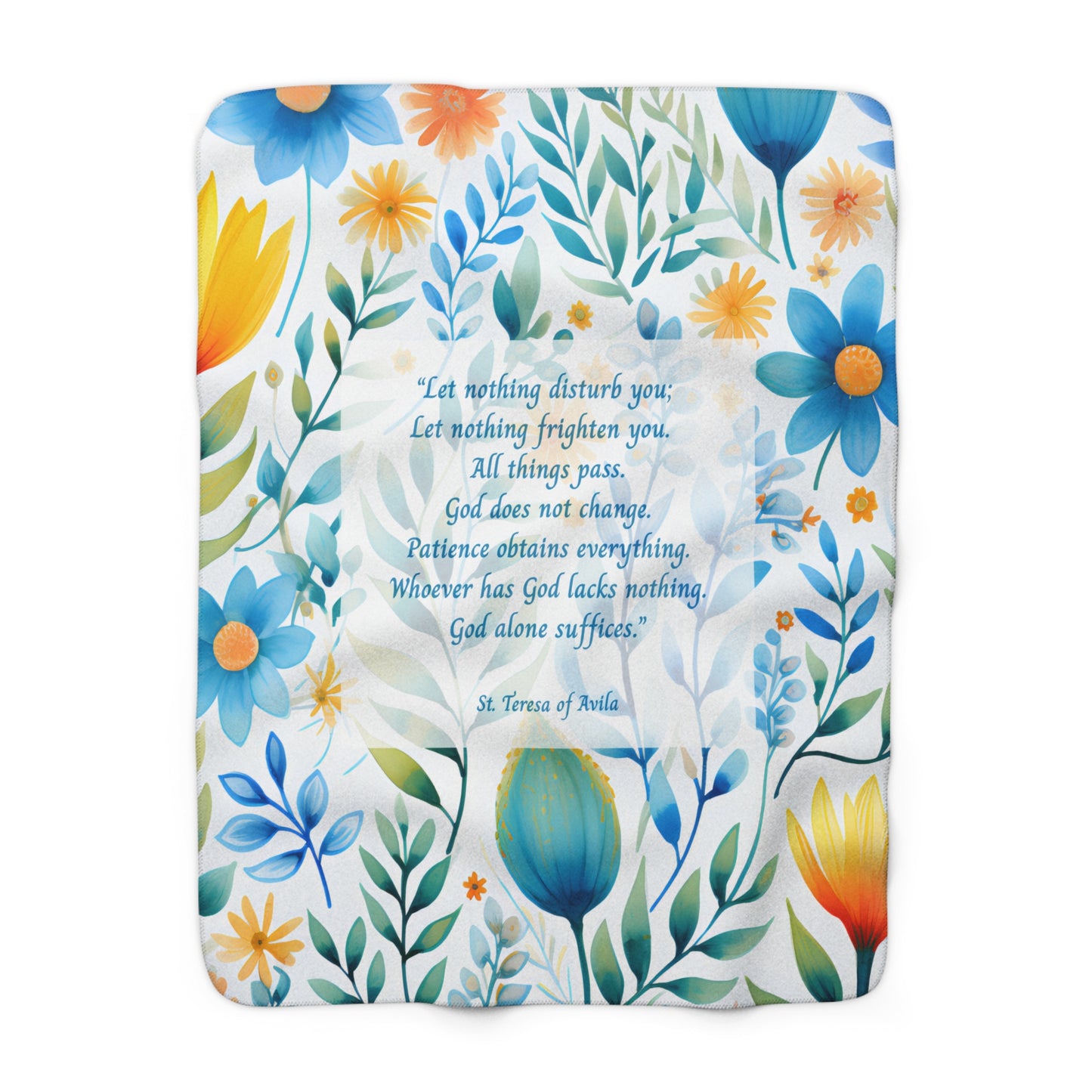 St. Teresa of Avila Sherpa Blanket – Inspirational Scripture Throw with Turquoise & Gold Florals