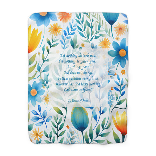 St. Teresa of Avila Sherpa Blanket – Inspirational Scripture Throw with Turquoise & Gold Florals