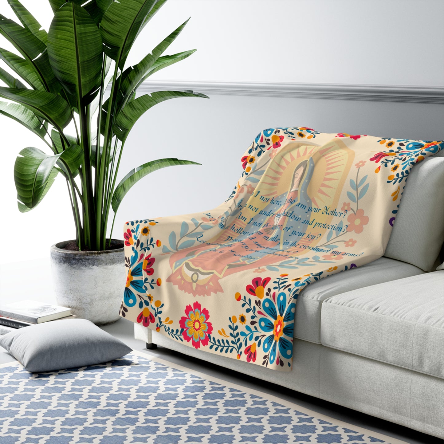 Our Lady of Guadalupe Sherpa Blanket – Marian Catholic Throw with Traditional Floral Design