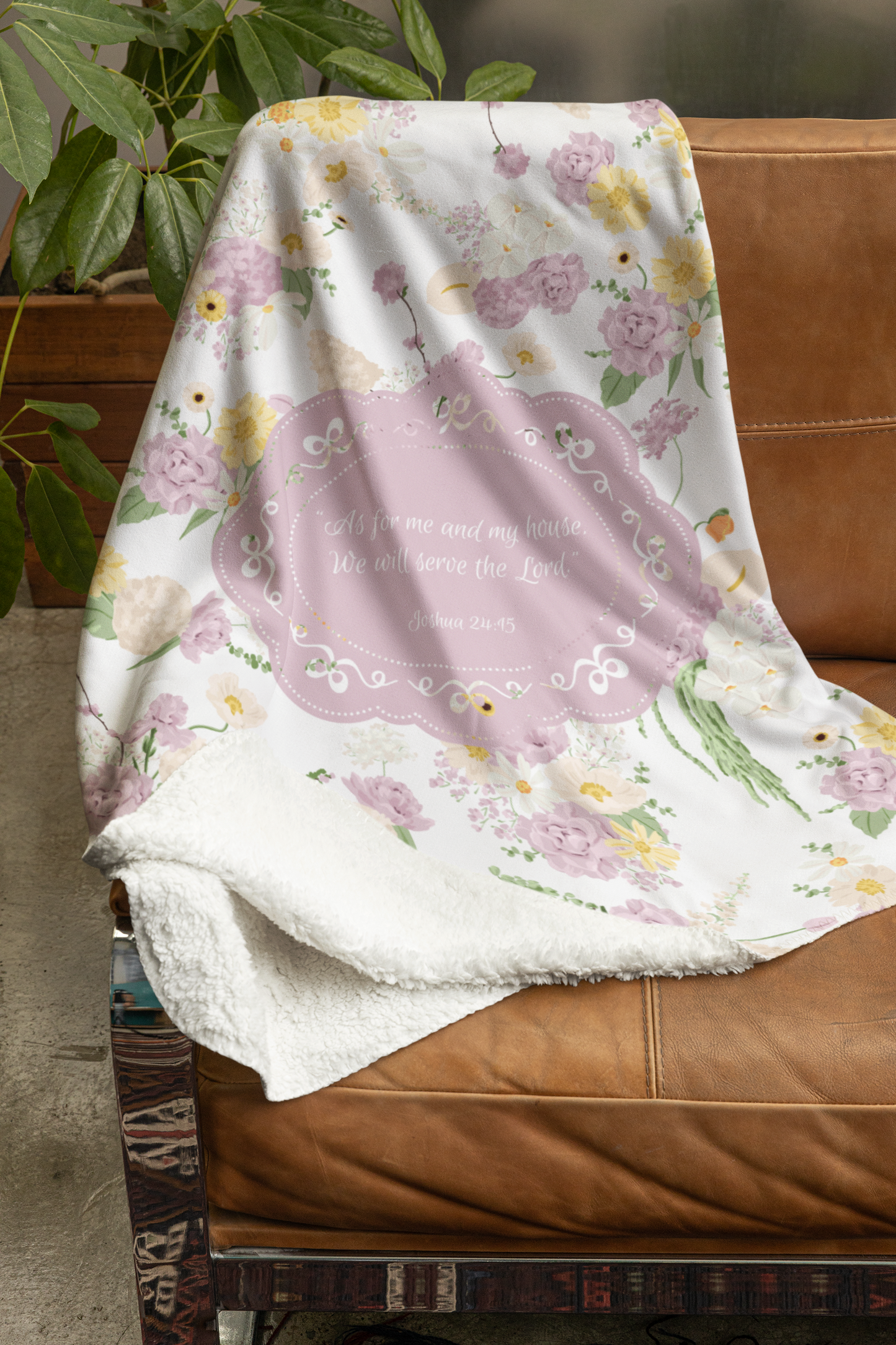 “As for Me and My House” Sherpa Blanket – Pastel Floral Scripture Throw (Joshua 24:15)
