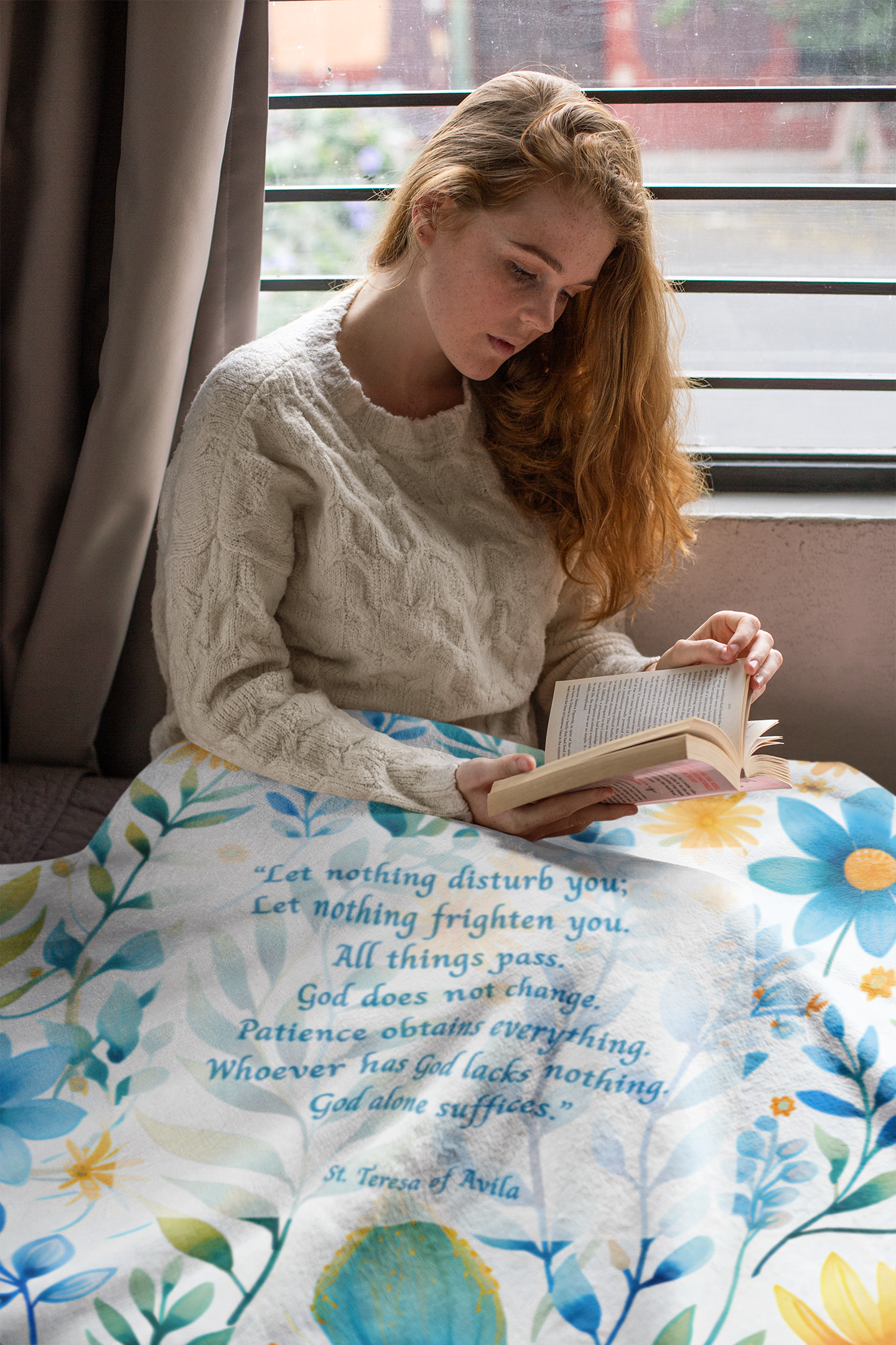 St. Teresa of Avila Sherpa Blanket – Inspirational Scripture Throw with Turquoise & Gold Florals