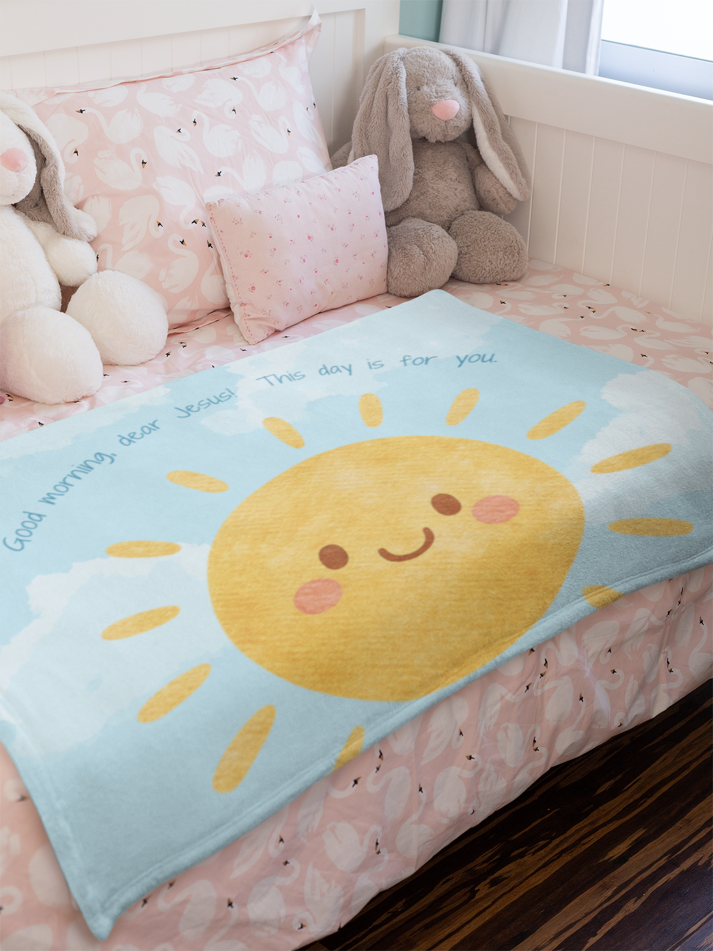 Good Morning, Dear Jesus! Baby & Kids Velveteen Blanket – Soft Blue Sky with Happy Sun Prayer Throw