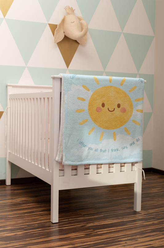 Good Morning, Dear Jesus! Baby & Kids Velveteen Blanket – Soft Blue Sky with Happy Sun Prayer Throw