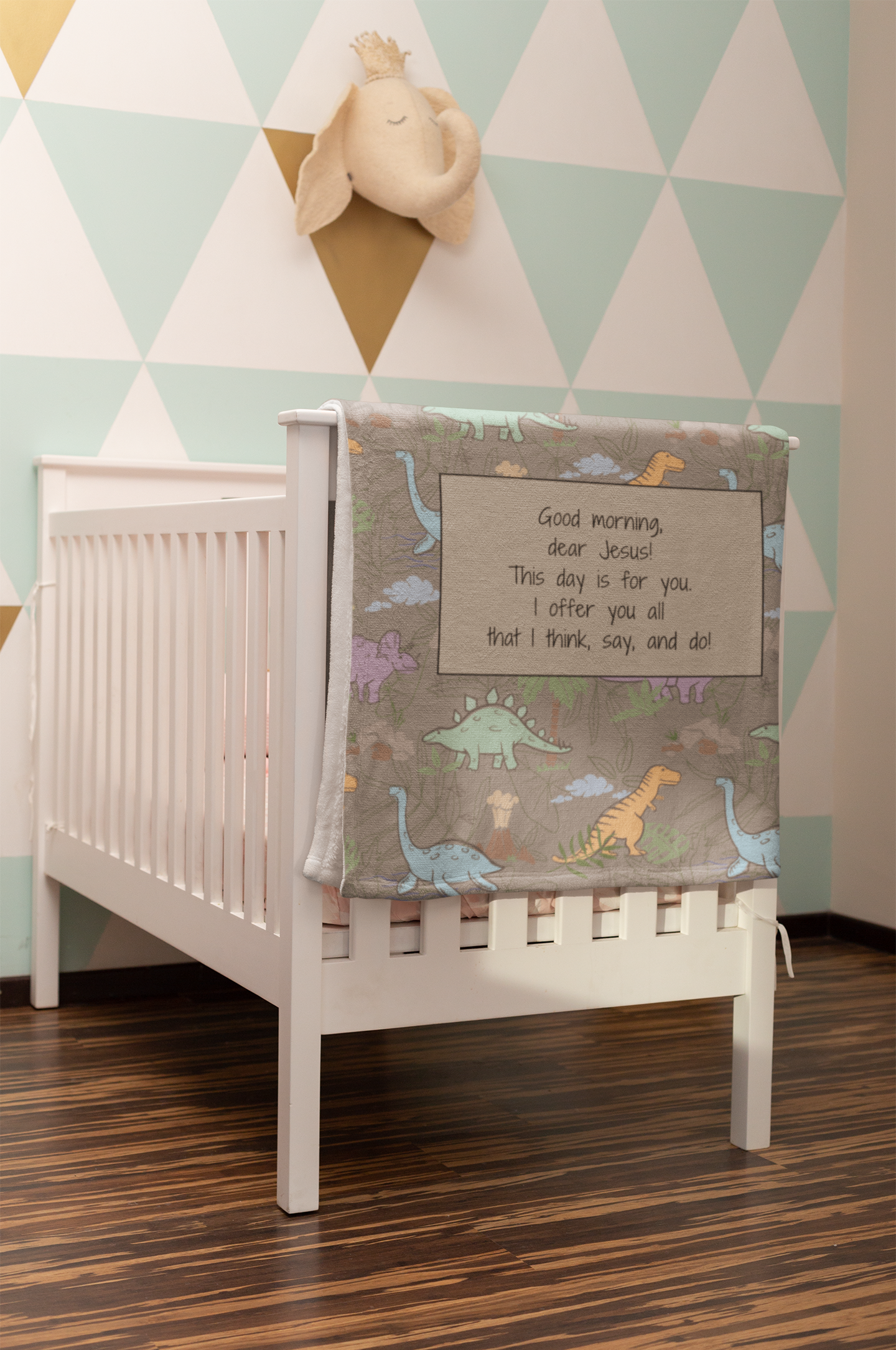 Good Morning, Dear Jesus! Boys’ Velveteen Blanket – Gray Dinosaur Scripture Throw