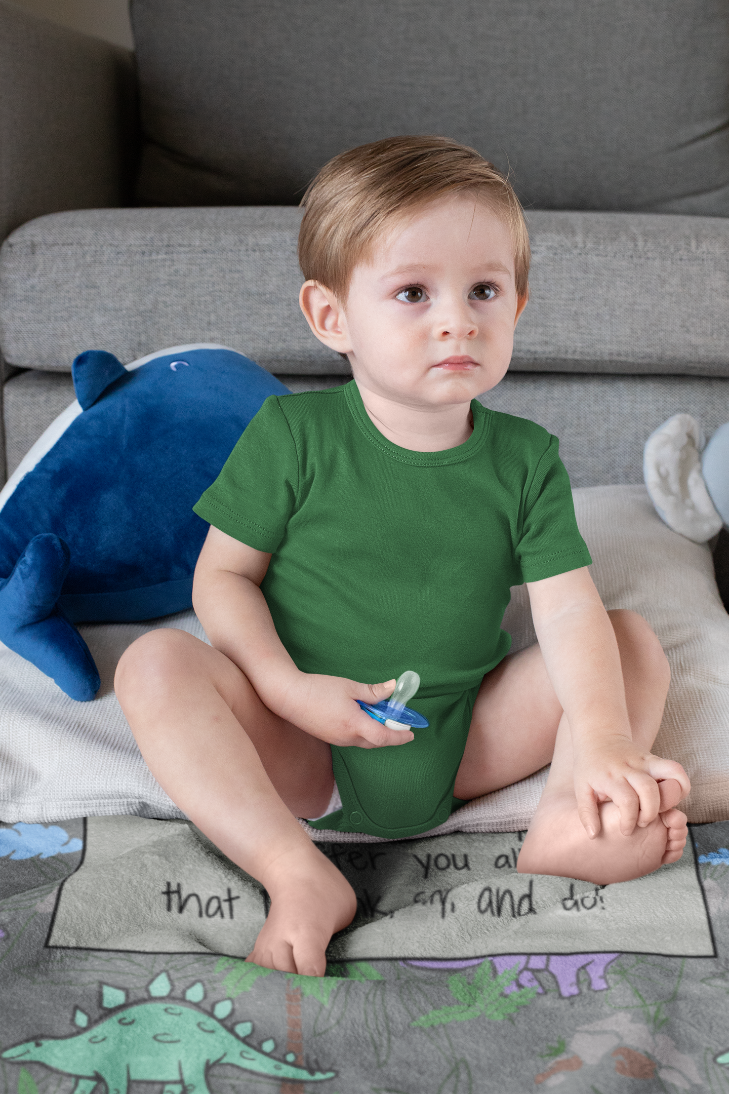 Good Morning, Dear Jesus! Boys’ Velveteen Blanket – Gray Dinosaur Scripture Throw