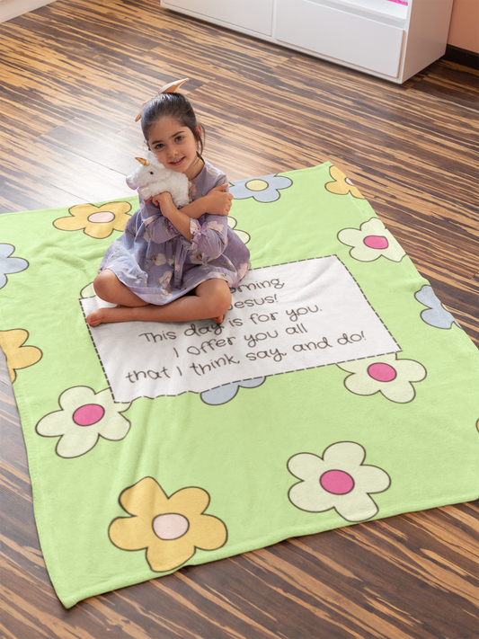 Good Morning, Dear Jesus! Girls’ Velveteen Blanket – Bright Green Floral Scripture Throw