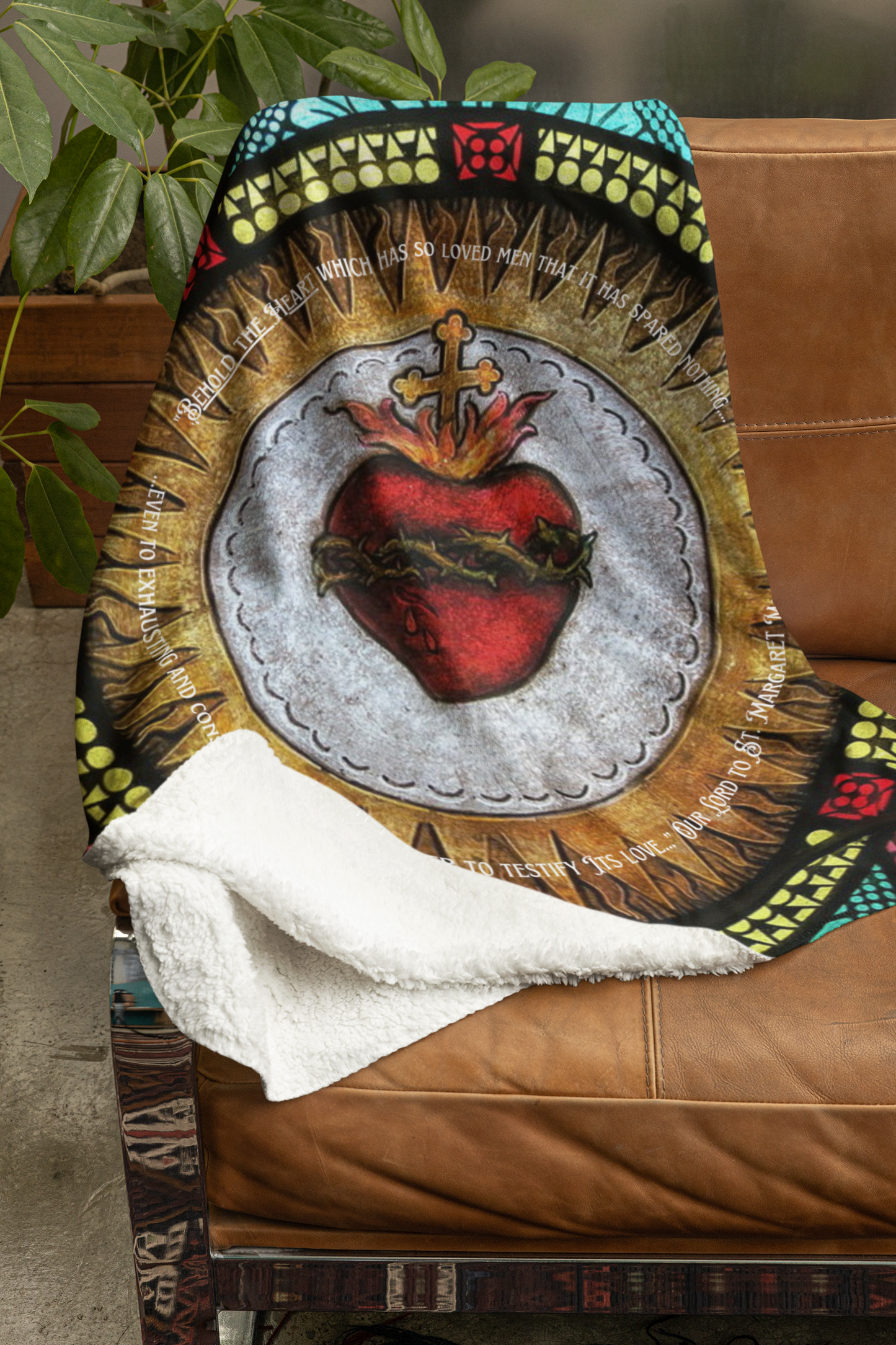 Sacred Heart of Jesus Sherpa Blanket – Vibrant Stained Glass Catholic Devotional Throw