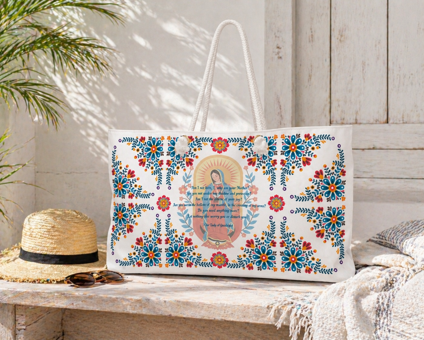 Our Lady of Guadalupe Floral Weekender Bag – Mexican Folk Art Travel Tote