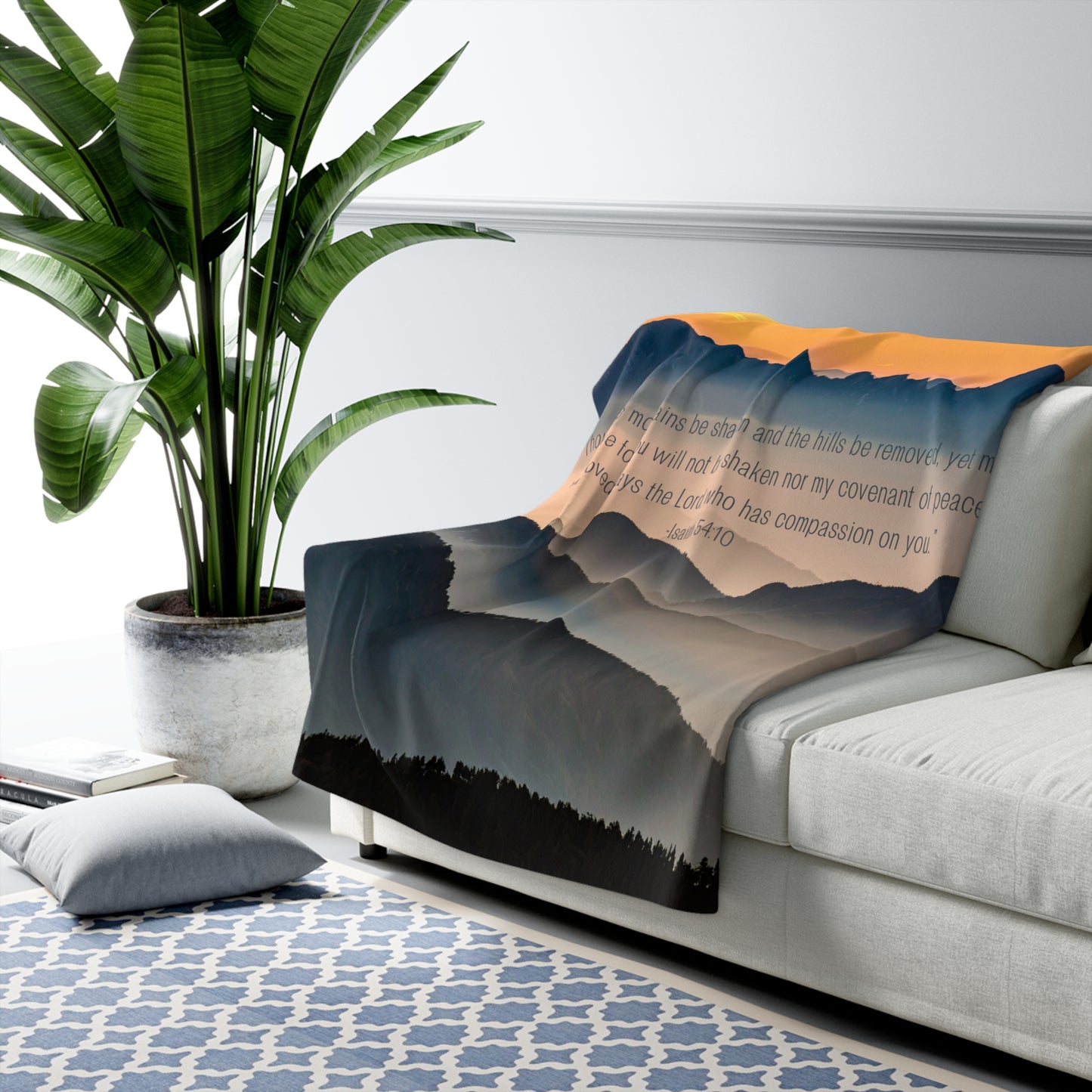 Inspirational Sunset Though the Mountains Be Shaken Sherpa Blanket with Isaiah 54:10 Scripture Quote