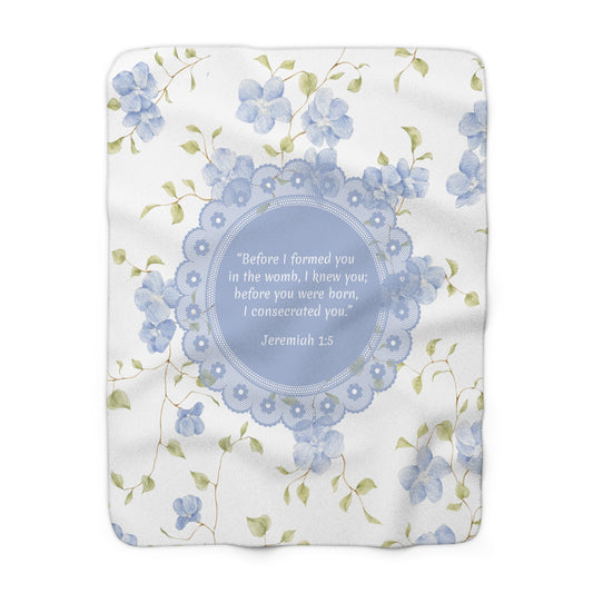 Jeremiah 1:5 Sherpa Blanket – “Before I Formed You” Scripture Throw with Pastel Blue Florals