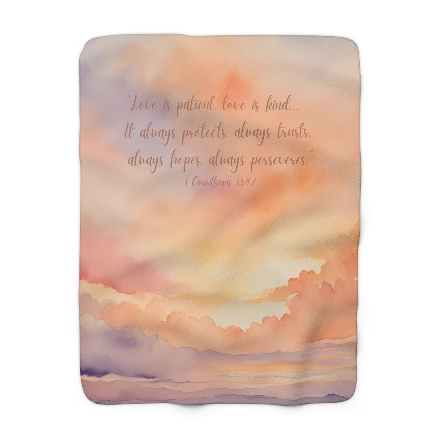 Cozy Sunset Sherpa Fleece Blanket — 1 Corinthians 13:4,7 Bible Verse