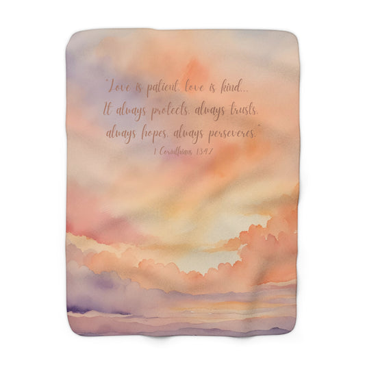 Cozy Sunset Sherpa Fleece Blanket — 1 Corinthians 13:4,7 Bible Verse