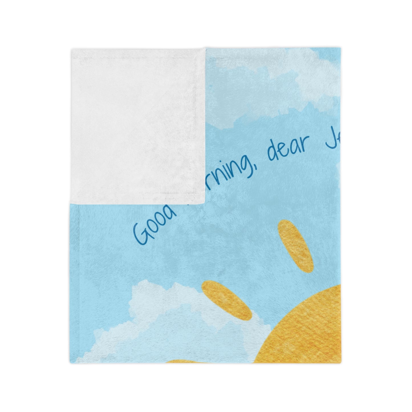 Good Morning, Dear Jesus! Baby & Kids Velveteen Blanket – Soft Blue Sky with Happy Sun Prayer Throw