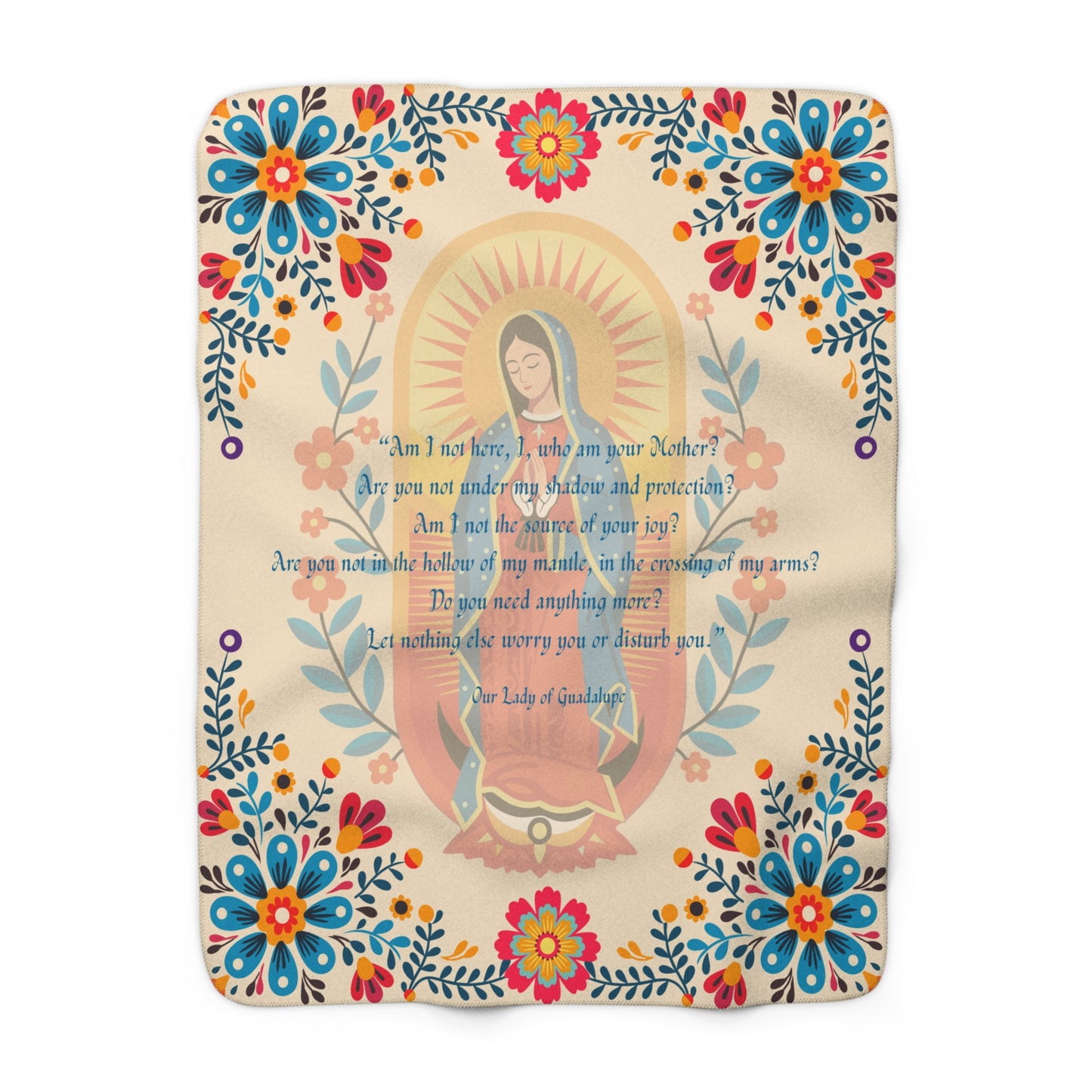 Our Lady of Guadalupe Sherpa Blanket – Marian Catholic Throw with Traditional Floral Design