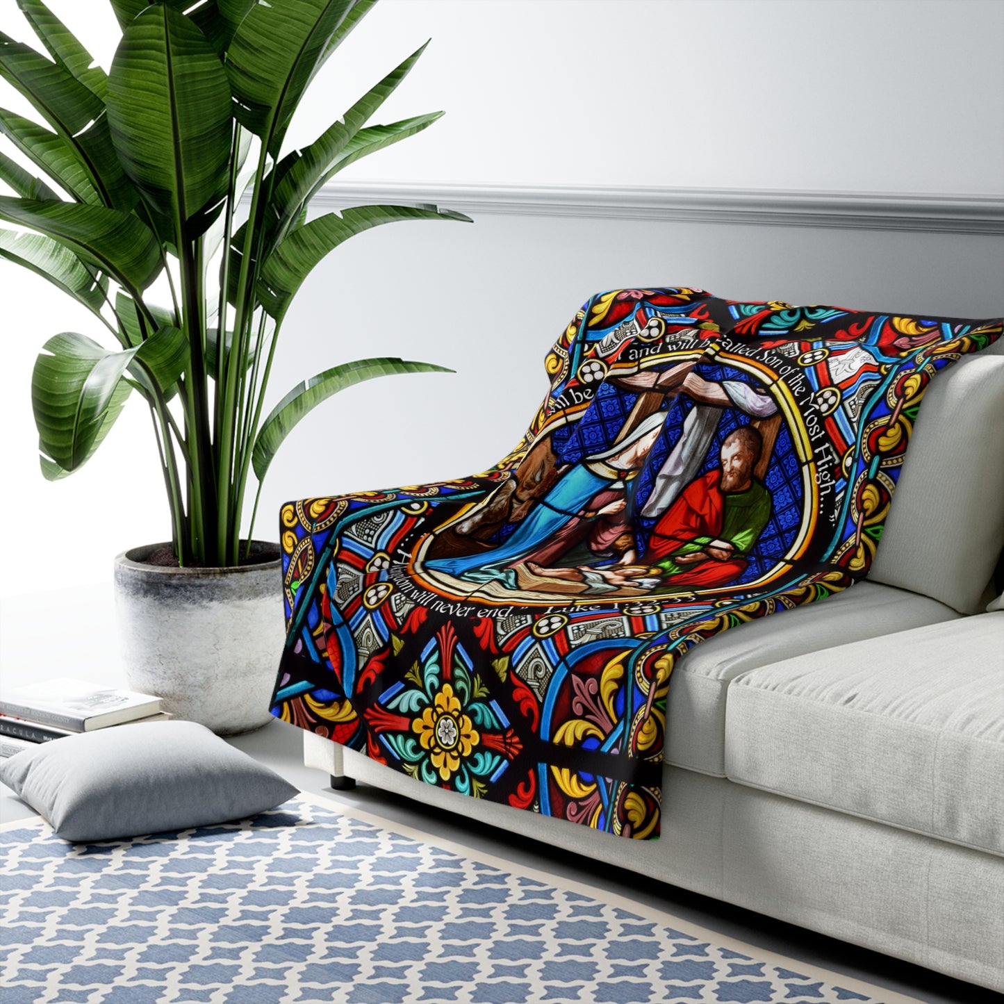 Nativity Stained Glass Sherpa Blanket — Cozy Christmas Nativity Throw