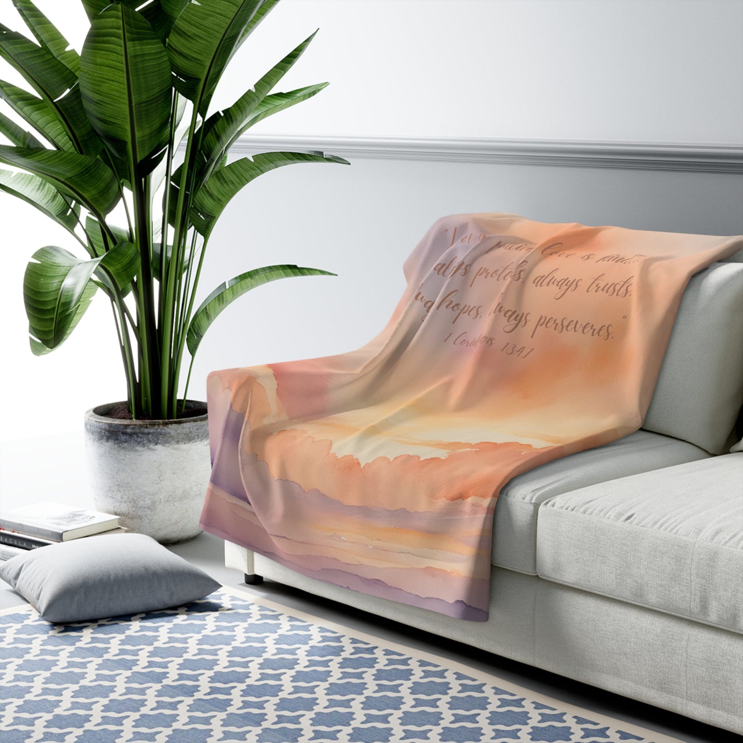 Cozy Sunset Sherpa Fleece Blanket — 1 Corinthians 13:4,7 Bible Verse