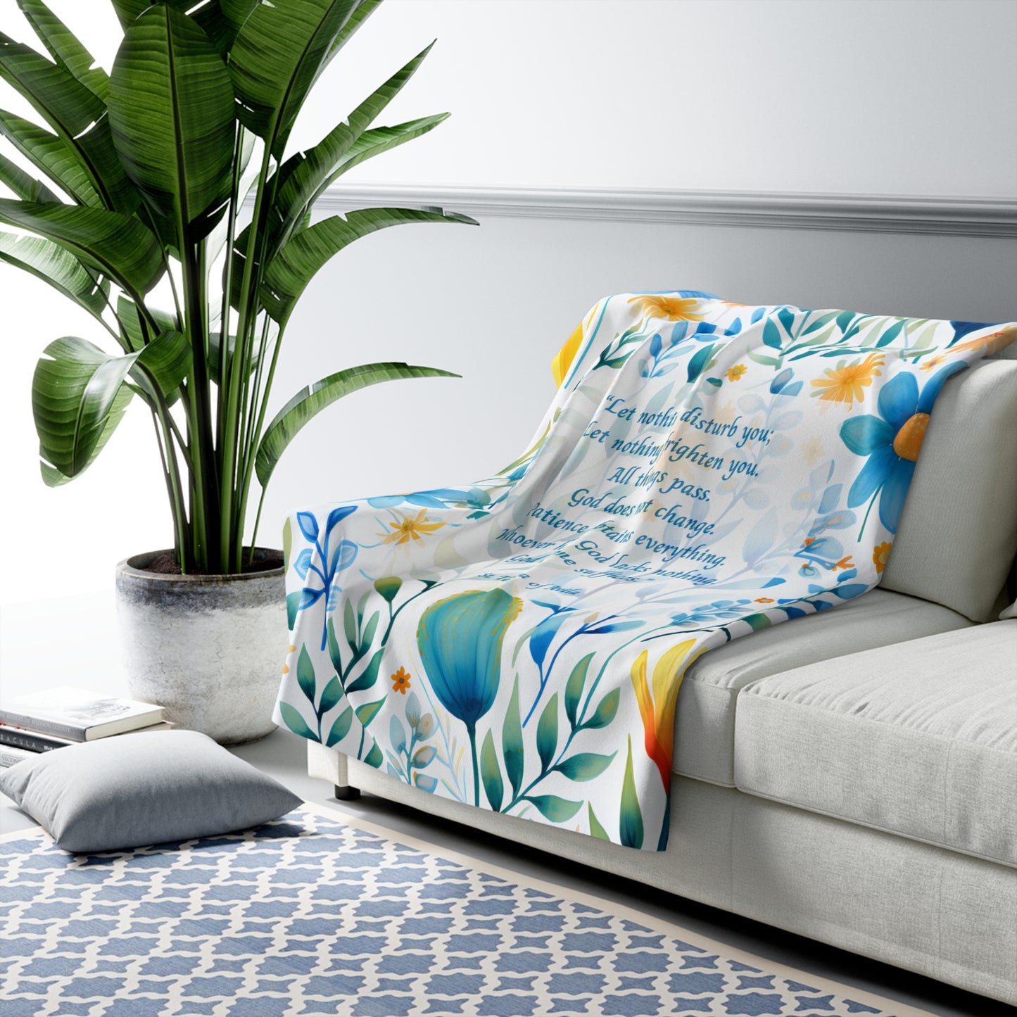 St. Teresa of Avila Sherpa Blanket – Inspirational Scripture Throw with Turquoise & Gold Florals