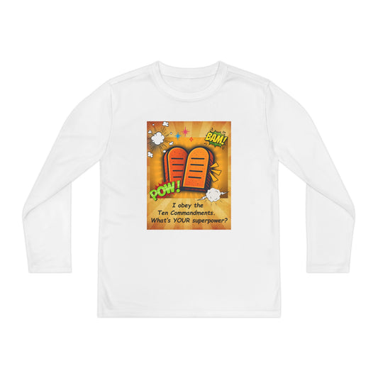 "I obey the Ten Commandments.  What's YOUR superpower?" Youth Long Sleeve Playful Tee for Boys and Girls