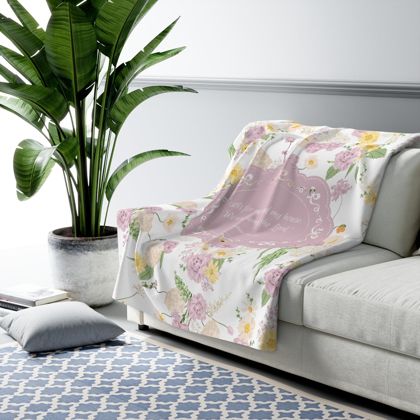 “As for Me and My House” Sherpa Blanket – Pastel Floral Scripture Throw (Joshua 24:15)