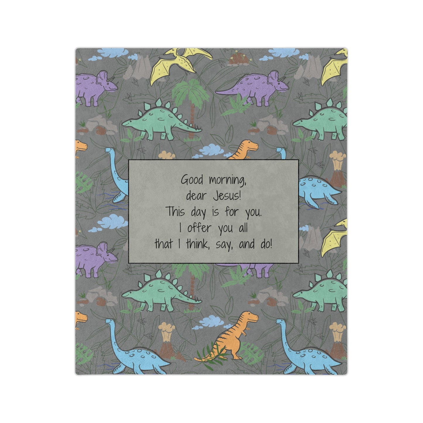 Good Morning, Dear Jesus! Boys’ Velveteen Blanket – Gray Dinosaur Scripture Throw