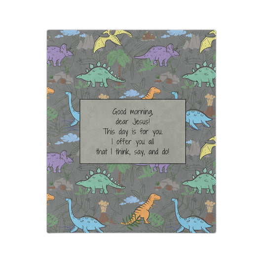 Good Morning, Dear Jesus! Boys’ Velveteen Blanket – Gray Dinosaur Scripture Throw