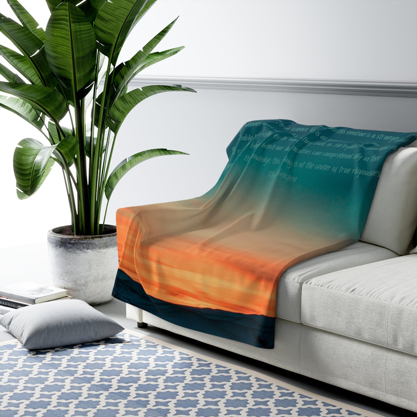 Sunset Landscape Sherpa Blanket with Inspirational Einstein Quote — Wonder of Creation Cozy Fleece Throw